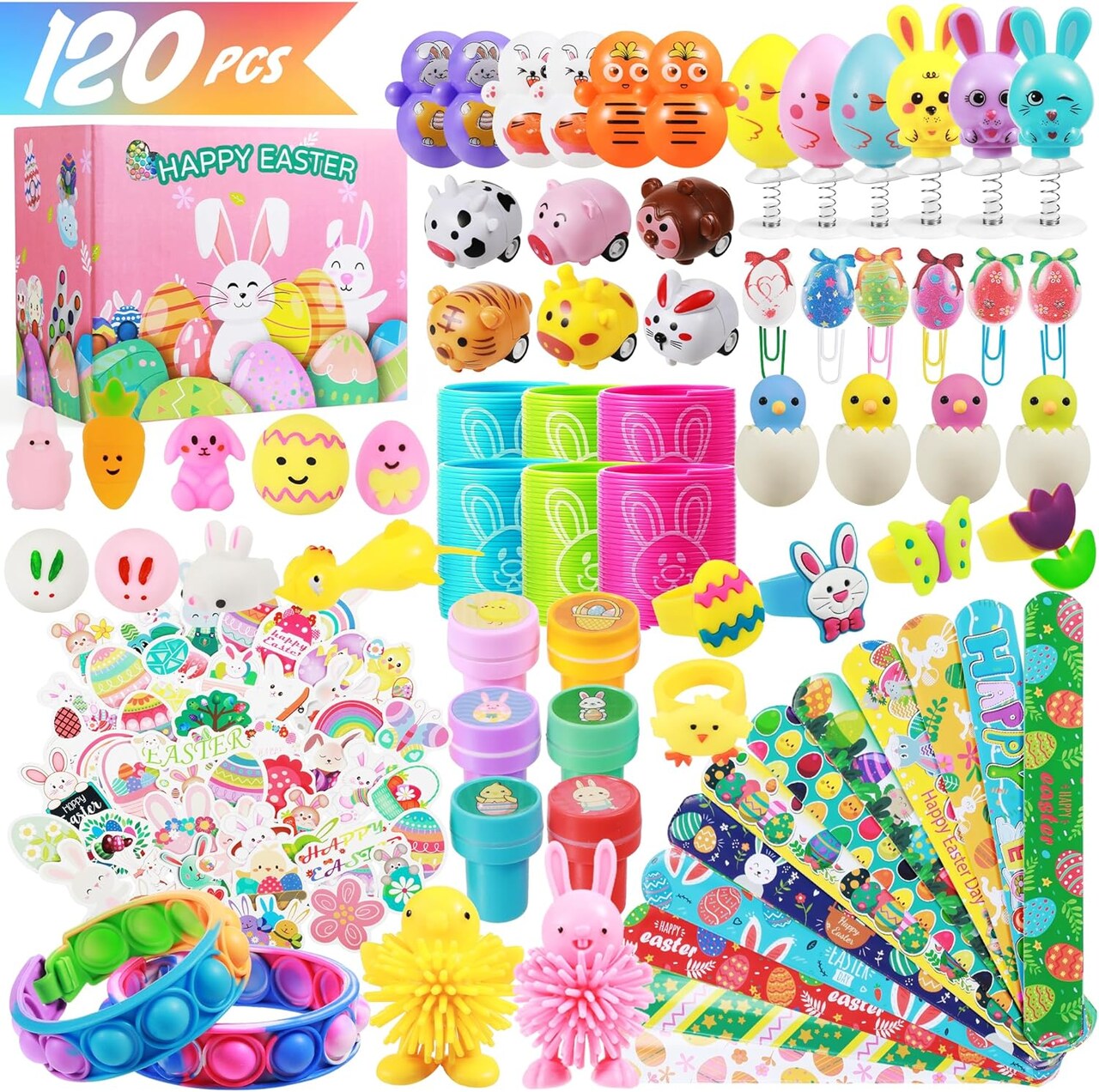 120Pcs Easter Basket Stuffers, Easter Egg Fillers,Essentials Gifts Ideas for Kids Boys Girls Baby, Easter Egg Stuffers, Funny Party Favors Goodie Bag Toys for 4 5 6 7 8 9 10